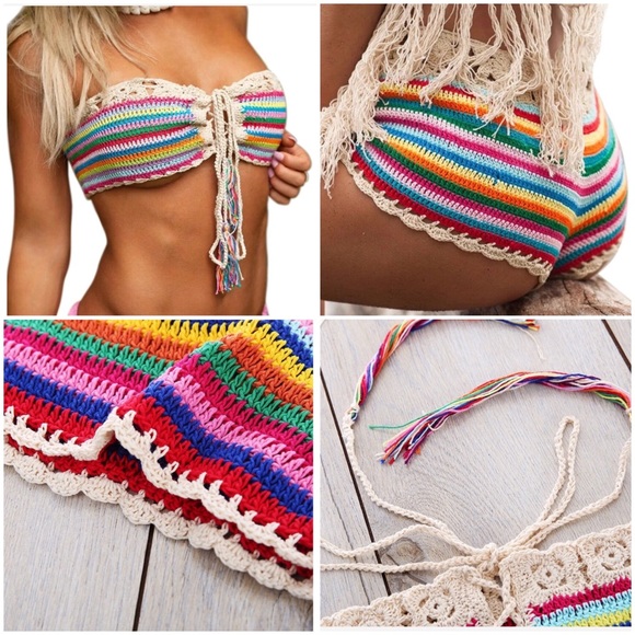 Boho Crochet Tie Up Bikini Two Piece Swim Suit - Picture 6 of 8